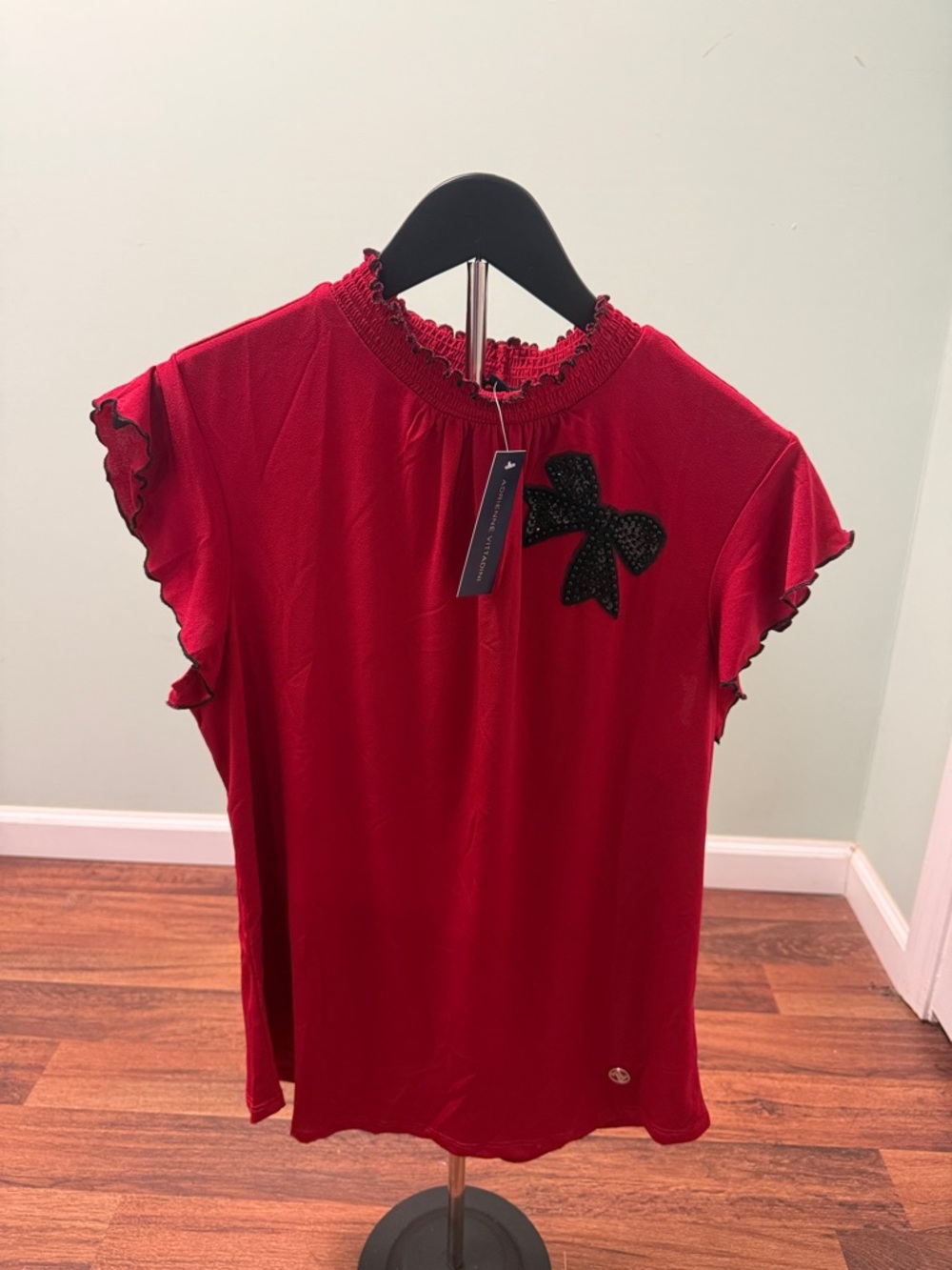 Adrienne Vittadini Red Ruffle-Sleeve Tee with Black Bow Accent